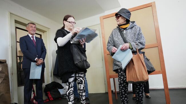 Председатель оппозиционного движения Акция недовольных граждан Андрей Бабиш на избирательном участке в Остраве, Чешская Республика