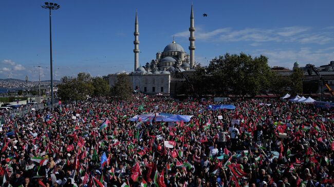 Участники шествия в поддержку Флотилии свободы в Стамбуле, Турция