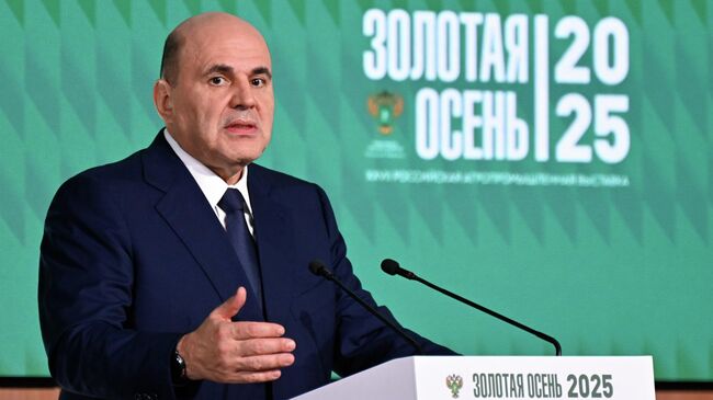 Председатель правительства РФ Михаил Мишустин выступает на пленарном заседании в рамках XXVII Российской агропромышленной выставки Золотая осень – 2025