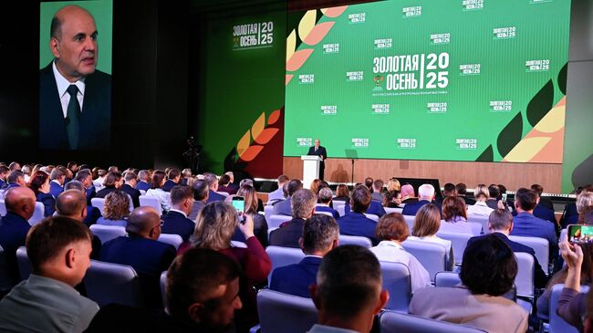 Председатель правительства РФ Михаил Мишустин выступает на пленарном заседании в рамках XXVII Российской агропромышленной выставки Золотая осень – 2025