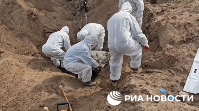 Работы на месте массового захоронения мирных жителей в Северодонецке в ЛНР