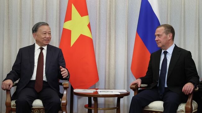 Заместитель председателя Совета безопасности РФ Дмитрий Медведев и генеральный секретарь Центрального комитета Коммунистической партии Вьетнама То Лам во время встречи в Пхеньяне