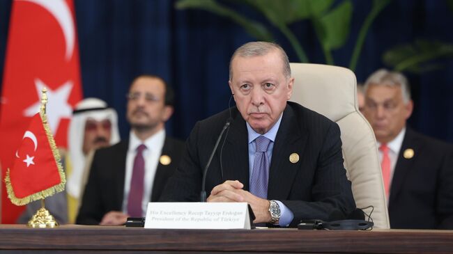 Президент Турции Реджеп Тайип Эрдоган во время саммита по прекращению войны в Газе в городе Шарм-эш-Шейх, Египет. 13 октября 2025