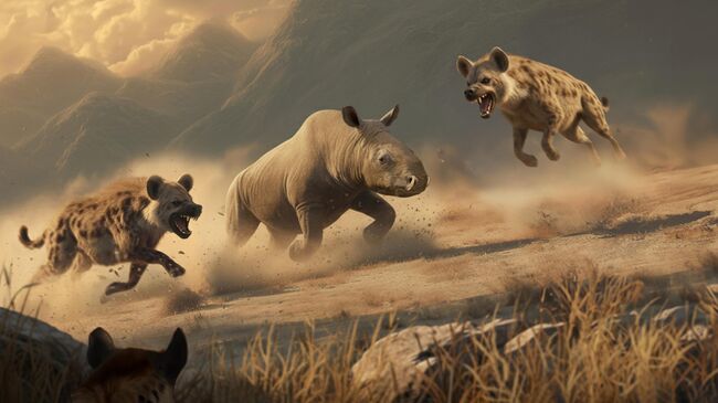 Изображение-реконструкция: динокрокуты нападают на носорога (хилотерия). Окрас животных гипотетический