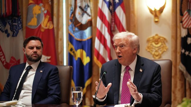 Президент США Дональд Трамп выступает во время встречи с Владимиром Зеленским