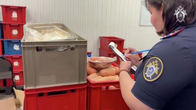 Сотрудница СК во время следственных действий на пищевом произдводстве. Кадр видео