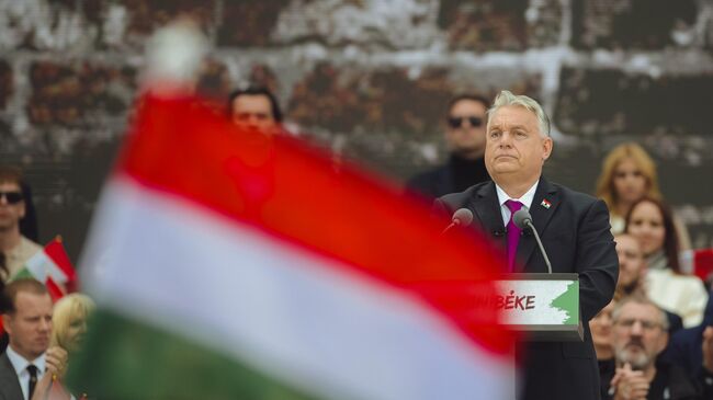 Премьер-министр Венгрии Виктор Орбан выступает перед участниками Марша мира в Будапеште. 23 октября 2025