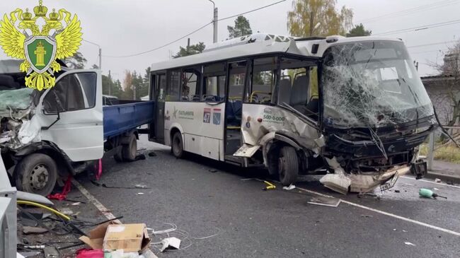 Последствия столкновения автобуса и Газели в Ленобласти. Кадр видео