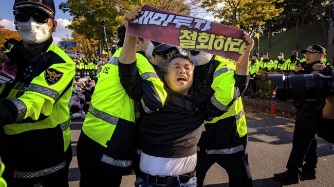 Сотрудники полиции задерживают демонстранта возле Национального музея Кёнджу, где проходит саммит США и Южной Кореи  Сотрудники полиции задерживают демонстранта возле Национального музея Кёнджу, где проходит саммит США и Южной Кореи