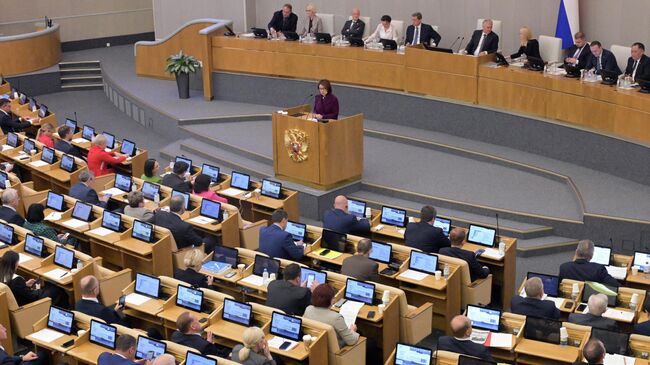 Председатель Банка России Эльвира Набиуллина выступает на пленарном заседании Государственной Думы РФ