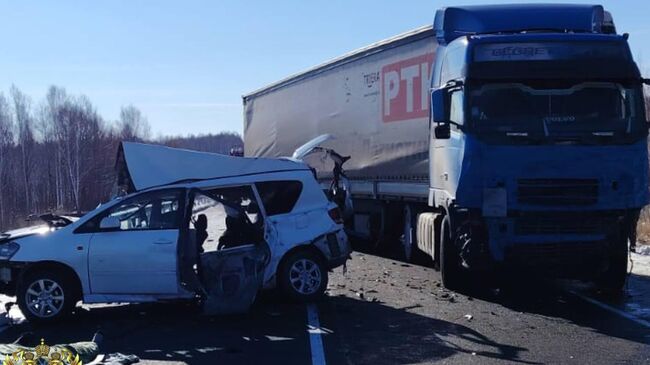 Последствия столкновения грузовика и легкового автомобиля в Амурской области