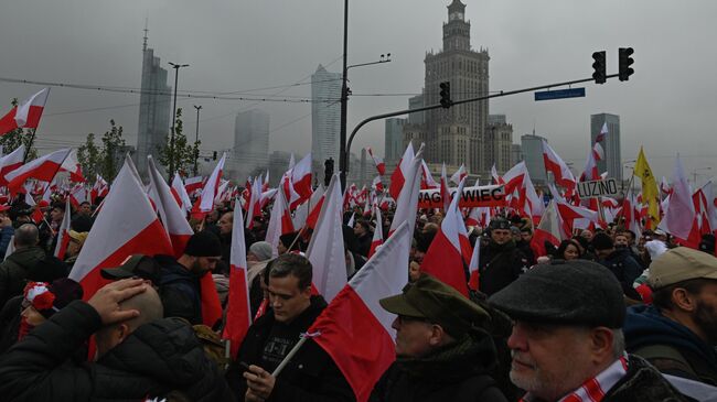 Участники марша, организованного националистическими движениями, в Варшаве