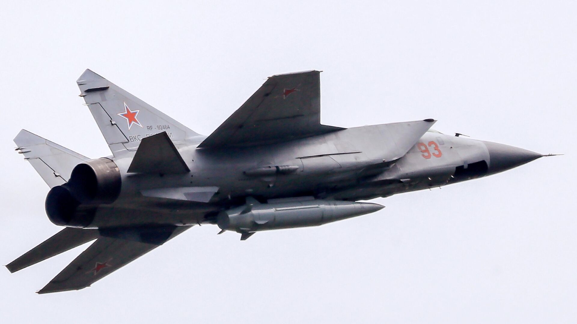 Истребитель-перехватчик МиГ-31К с гиперзвуковой ракетой Кинжал Истребитель-перехватчик МиГ-31К с гиперзвуковой ракетой Кинжал - РИА Новости, 1920, 05.12.2025