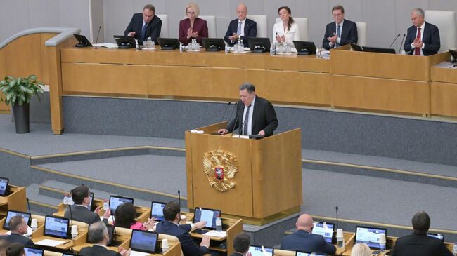 Председатель комитета Государственной думы России по бюджету и налогам Андрей Макаров выступает на пленарном заседании