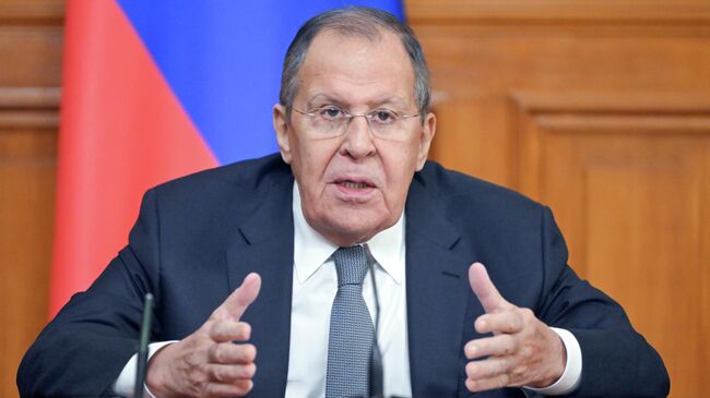 Министр иностранных дел РФ Сергей Лавров во время заявления для прессы после совместного заседания коллегий МИД России и Белоруссии