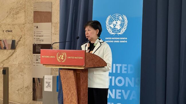 Замгенсека ООН, верховный представитель по вопросам разоружения Изуми Накамицу во время пресс-конференции на полях заседания в Женеве. 2 декабря 2025