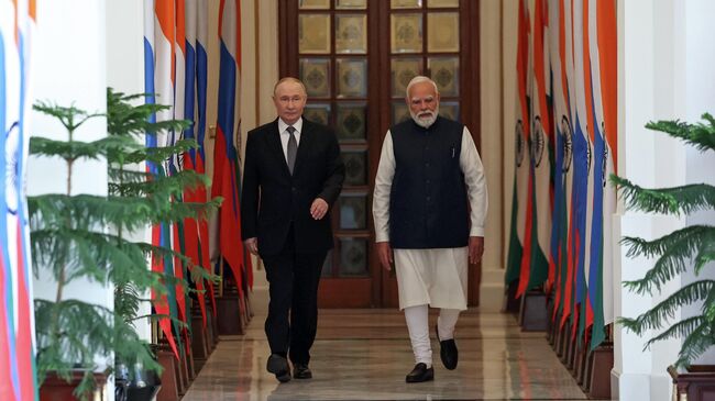 Президент РФ Владимир Путин и премьер-министр Индии Нарендра Моди перед началом российско-индийских переговоров в Нью-Дели
