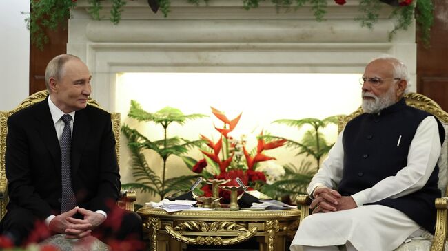 Президент РФ Владимир Путин и премьер-министр Индии Нарендра Моди во время встречи в Нью-Дели