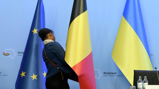 Флаги ЕС, Бельгии и Украины в Брюсселе