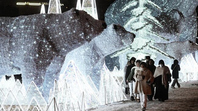 Туристы у световой инсталляции Полярные медведи у Ростокинского акведука в Москве Туристы у световой инсталляции Полярные медведи у Ростокинского акведука в Москве