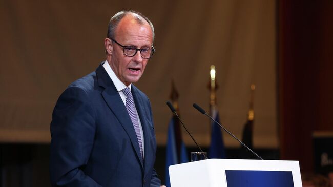 Канцлер Германии Фридрих Мерц во время пресс-конференции в Берлине