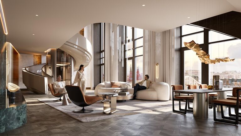 Гостиная со вторым светом в малоэтажном квартале на Никольской улице