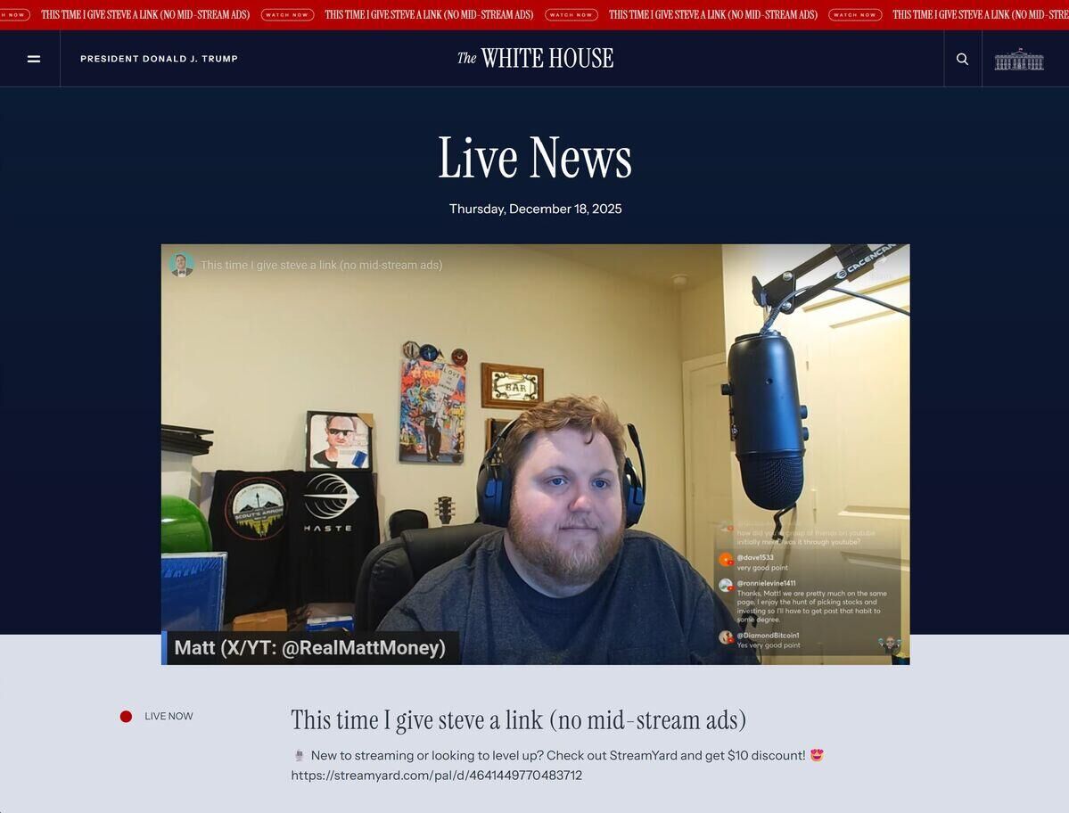 Скриншот трансляции на сайте Белого дома - РИА Новости, 1920, 19.12.2025