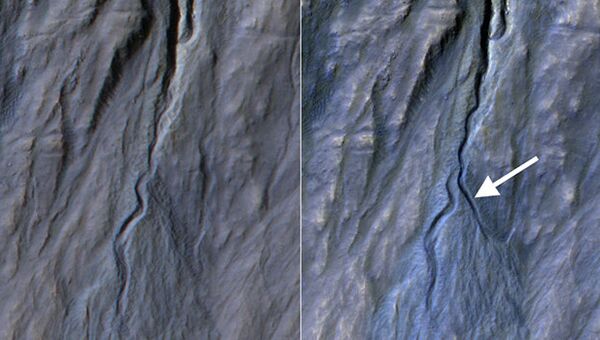 Снимки до и после образования оврага на валу одного из кратеров в Земле Сирен на Марсе