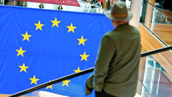Мужчина смотрит на флаг Евросоюза, Архивное фото