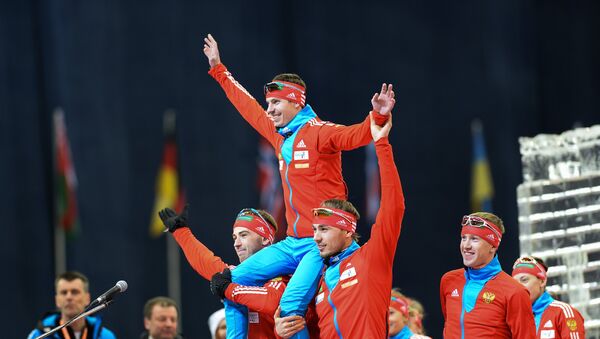 Российские спортсмены Дмитрий Малышко, Евгений Устюгов, Антон Шипулин и Алексей Волков (слева направо)