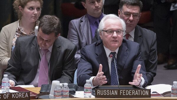Российский постпред при ООН Виталий Чуркин на открытом заседании Совета безопасности по Украине. 13 апреля 2014