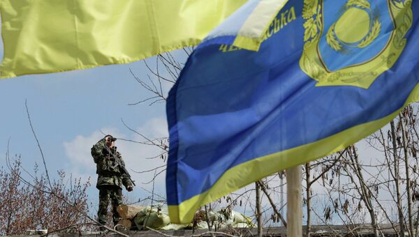 Украинский пограничник недалеко от границы с Россией в Донецкой области. 15 апреля 2014