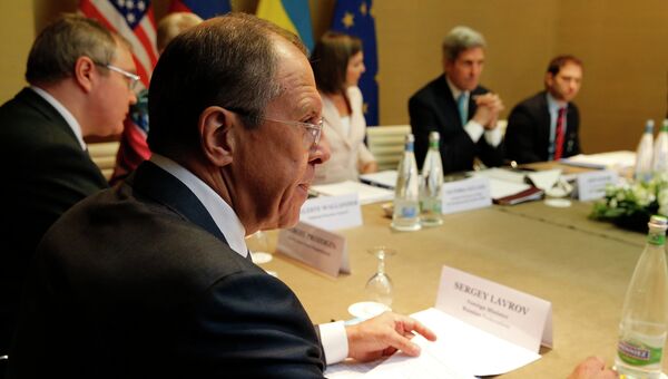 Глава МИД РФ Сергей Лавров на переговорах по урегулированию кризиса на Украине в Женеве. 17 апреля 2014