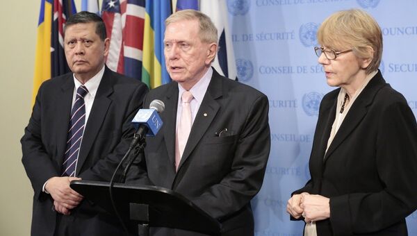 Глава комиссии ООН по правам человека в КНДР Майкл Дональд Кёрби после неформальной встречи стран-членов Совета Безопасности ООН по проблемам в Северной Корее 17 апреля 2014
