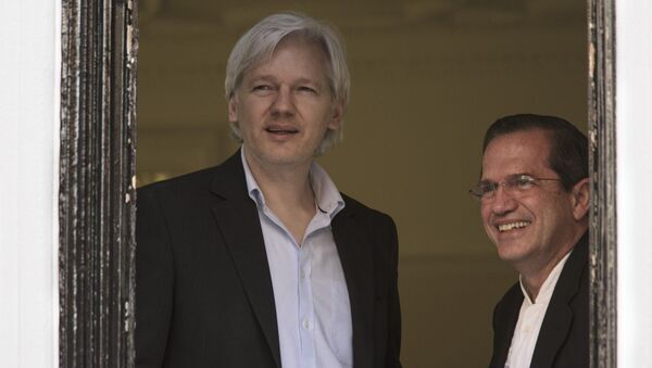 Основатель WikiLeaks Джулиан Ассанж и министр иностранных дел Эквадора Рикардо Патиньо выглядывают из окна посольства Эквадора