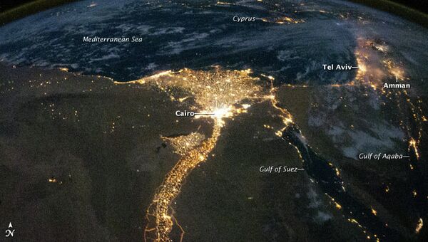 Космический снимок дельты реки Нил, Средиземного моря и Аравийского полуострова. Архивное фото