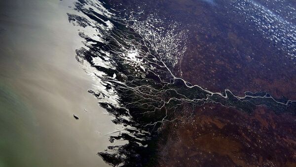 Вид из космоса на дельту реки Волга