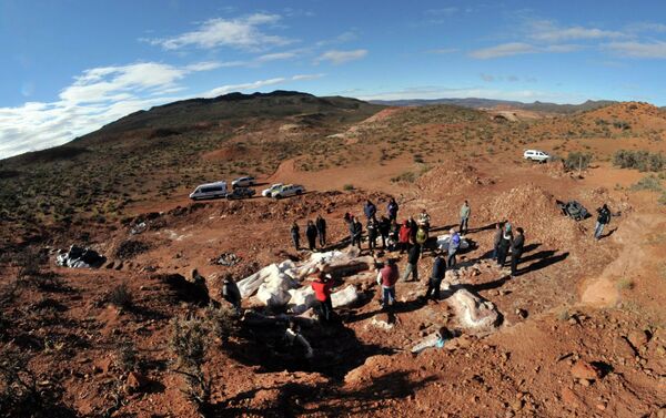 Археологи на месте раскопок в аргентинской провинции Чубут, где были найдены кости гигантского динозавра