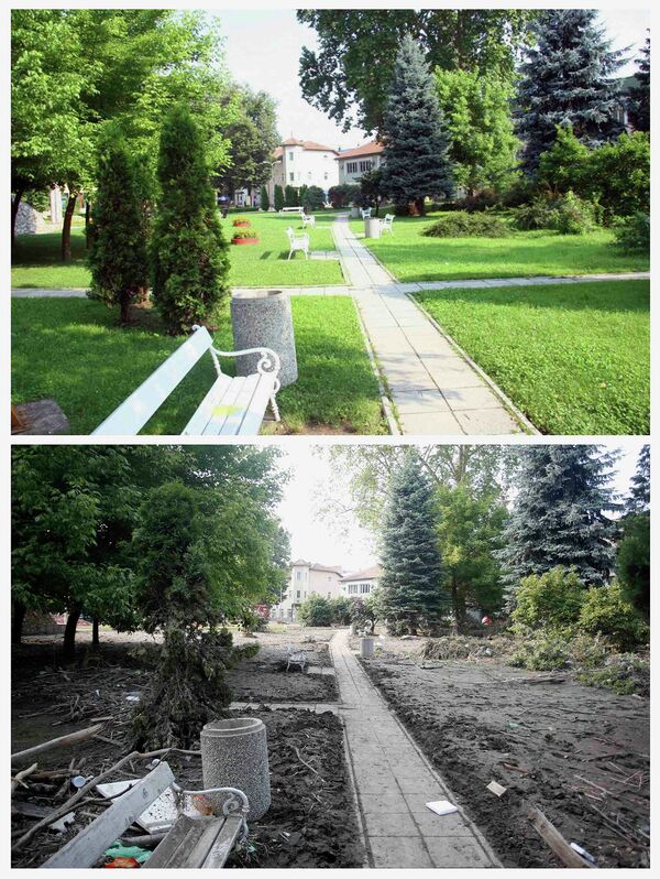 Центральный парк города Маглай в июне 2013 года и после наводнения, 21 мая 2014 года