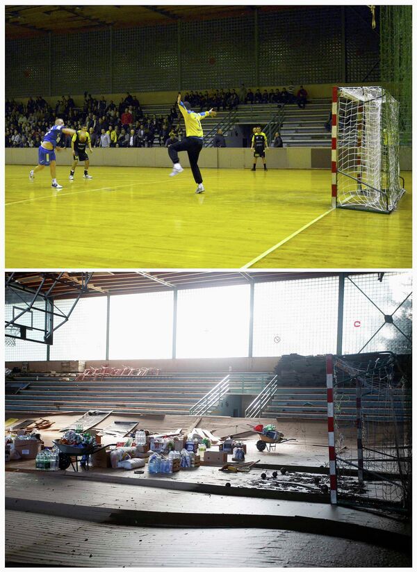 Гандболисты во время матча в Маглае 9 ноября 2013 года и этот же зал после наводнения, 21 мая 2014 года