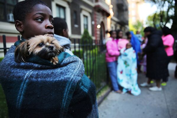 Мальчик с собакой после эвакуации из-за пожара в их доме в Нью-Йорке