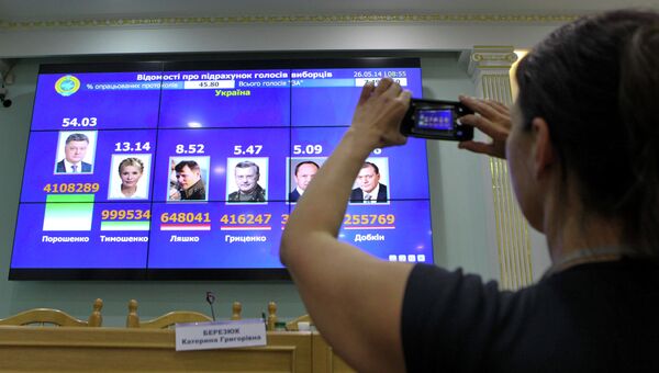 Дисплей с промежуточными результатами президентских выборов в штаб-квартире ЦИК Украины