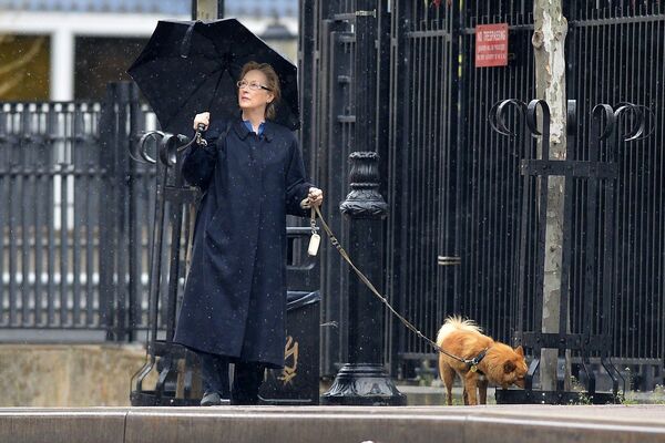 Американская актриса Мерил Стрип гуляет со своей собачкой в районе Трайбека, Нью-Йорк. 2013