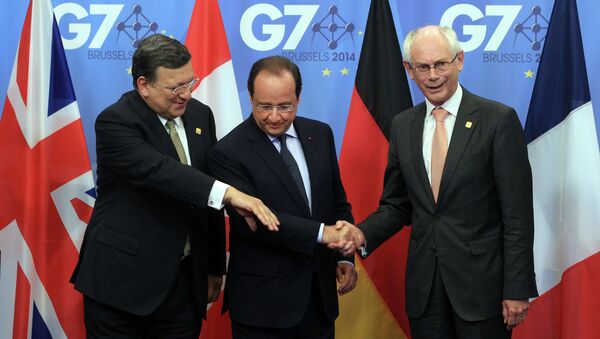 Жозе Мануэль Баррозу, Франсуа Олланд и Херман Ван Ромпей на саммите G7