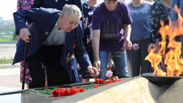 Ветеран возлагает цветы к Вечному огню, архивное фото