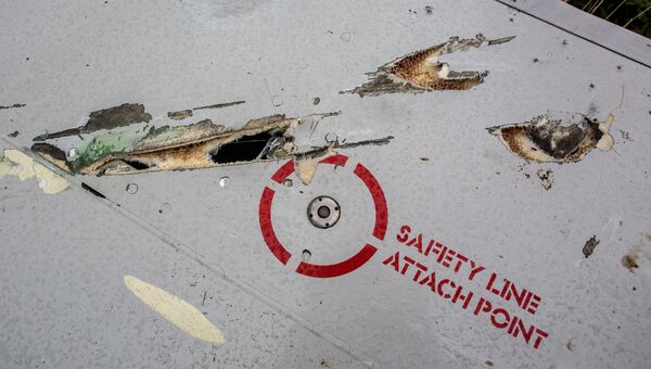 Возможные следы от осколков ракеты на крыле потерпевшего крушение лайнера Boeing 777 Малайзийских авиалиний в районе города Шахтерска