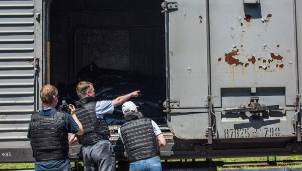 Сотрудники миссии ОБСЕ осматривают рефрижераторный вагон с телами погибших в авиакатастрофе малайзийского Boeing 777