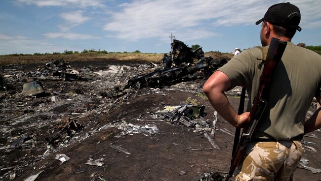 Боец народного ополчения на месте крушения самолета Boeing 777 авиакомпании Malaysia Airlines на Украине. Архивное фото