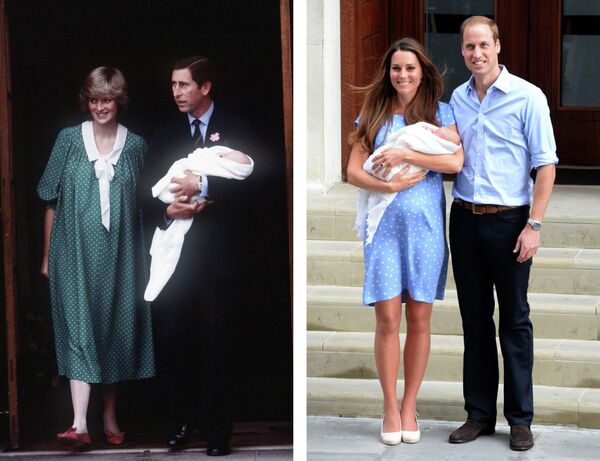 Слева: принцесса Диана, принц Чарльз и их сын принц Уильям, справа: герцогиня Кэтрин, принц Уильям и их сын принц Джордж