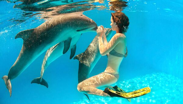 Девушка с дельфинами под водой